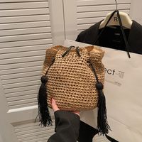 Women's Straw Solid Color Vacation Tassel Bucket String Straw Bag main image 6