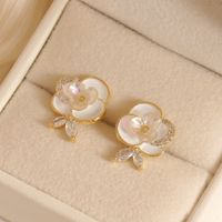 1 Pair Lady Commute Flower Inlay Copper Zircon 18K Gold Plated Ear Studs main image 1