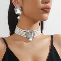 Elegant Glam Geometric Imitation Pearl Copper Crystal Zircon Women's Earrings Necklace Jewelry Set sku image 10