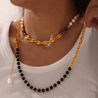 Retro Britischer Stil Geometrisch Achat Tigerauge Titan Stahl Perlen 18 Karat Vergoldet Unisex Pulloverkette Halskette main image 4