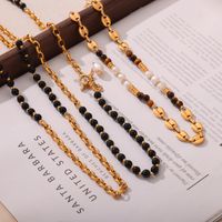 Retro Britischer Stil Geometrisch Achat Tigerauge Titan Stahl Perlen 18 Karat Vergoldet Unisex Pulloverkette Halskette main image 1