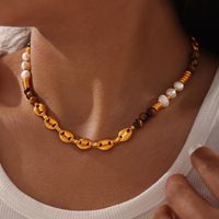 Retro Britischer Stil Geometrisch Achat Tigerauge Titan Stahl Perlen 18 Karat Vergoldet Unisex Pulloverkette Halskette main image 7