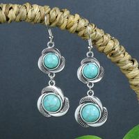 1 Pair Ethnic Style Round Inlay Alloy Turquoise Drop Earrings main image 4