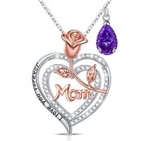 Sterling Silver Cute MAMA Sweet Letter Heart Shape Rose Hollow Out Inlay Birthstone Zircon Pendant Necklace sku image 2