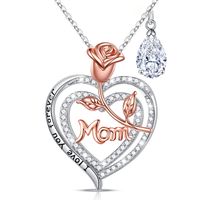 Sterling Silver Cute MAMA Sweet Letter Heart Shape Rose Hollow Out Inlay Birthstone Zircon Pendant Necklace sku image 4
