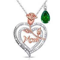 Sterling Silver Cute MAMA Sweet Letter Heart Shape Rose Hollow Out Inlay Birthstone Zircon Pendant Necklace sku image 5