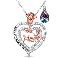 Sterling Silver Cute MAMA Sweet Letter Heart Shape Rose Hollow Out Inlay Birthstone Zircon Pendant Necklace sku image 6
