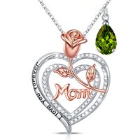 Sterling Silver Cute MAMA Sweet Letter Heart Shape Rose Hollow Out Inlay Birthstone Zircon Pendant Necklace sku image 8