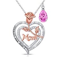 Sterling Silver Cute MAMA Sweet Letter Heart Shape Rose Hollow Out Inlay Birthstone Zircon Pendant Necklace sku image 10