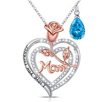 Sterling Silver Cute MAMA Sweet Letter Heart Shape Rose Hollow Out Inlay Birthstone Zircon Pendant Necklace sku image 11
