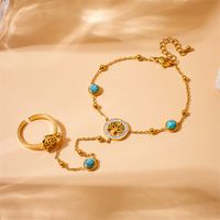 Titanium Steel 18K Gold Plated Vintage Style Hollow Out Inlay Life Tree Turquoise Bracelets main image 1