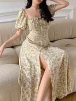 Women's Slit Dress Casual Square Neck Thigh Slit Short Sleeve Ditsy Floral Maxi Long Dress Daily main image 1