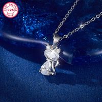 Sterling Silver White Gold Plated Cute Inlay Cat Zircon Pendant Necklace main image 3