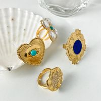 304 Stainless Steel Gold Plated Vintage Style Simple Style Plating Inlay Irregular Heart Shape Turquoise Pearl Zircon Open Rings main image 2