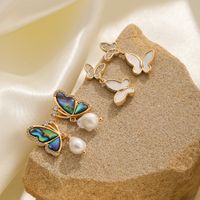 1 Pair Elegant Sweet Butterfly Inlay Freshwater Pearl Shell Copper Shell Zircon 18K Gold Plated Drop Earrings main image 6