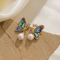 1 Pair Elegant Sweet Butterfly Inlay Freshwater Pearl Shell Copper Shell Zircon 18K Gold Plated Drop Earrings main image 5