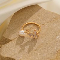 Vacation Butterfly Freshwater Pearl Shell Copper 18K Gold Plated Freshwater Pearl Shell Zircon Open Rings In Bulk main image 5