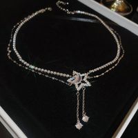 Copper Silver Plated IG Style Shiny Chain Inlay Star Moon Zircon Pendant Necklace sku image 1