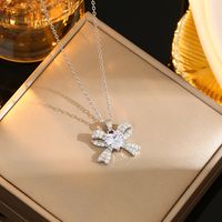 Wholesale Casual Commute Heart Shape Mermaid Bow Knot Titanium Steel Hollow Out Inlay 18K Gold Plated Zircon Pendant Necklace sku image 8