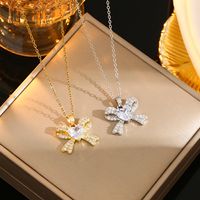 Wholesale Casual Commute Heart Shape Mermaid Bow Knot Titanium Steel Hollow Out Inlay 18K Gold Plated Zircon Pendant Necklace main image 11