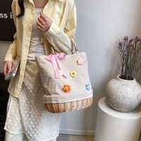 Women's Large Straw Solid Color Flower Bow Knot Vacation Beach Weave Bucket Open Handbag Straw Bag main image 2