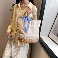Women's Large Straw Solid Color Flower Bow Knot Vacation Beach Weave Bucket Open Handbag Straw Bag main image 4