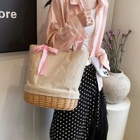 Women's Large Straw Solid Color Flower Bow Knot Vacation Beach Weave Bucket Open Handbag Straw Bag main image 5