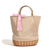 Women's Large Straw Solid Color Flower Bow Knot Vacation Beach Weave Bucket Open Handbag Straw Bag sku image 1