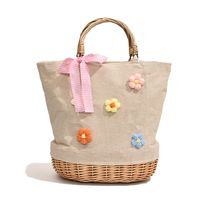 Women's Large Straw Solid Color Flower Bow Knot Vacation Beach Weave Bucket Open Handbag Straw Bag sku image 3