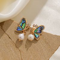 1 Pair Elegant Sweet Butterfly Inlay Freshwater Pearl Shell Copper Shell Zircon 18K Gold Plated Drop Earrings sku image 2