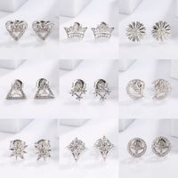 1 Pair Elegant Romantic Shiny Triangle Heart Shape Crown Inlay Carving Sterling Silver Zircon White Gold Plated Ear Studs main image 1