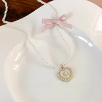 Elegant Glam Sweet Heart Shape Flower Bow Knot Imitation Pearl Alloy Beaded Inlay Rhinestones Pearl Women's Pendant Necklace sku image 1