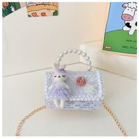 Girl's Pu Leather Flower Cute Pearls Square Buckle Handbag main image 5