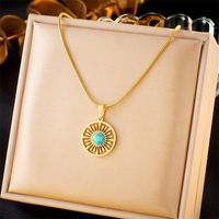 Titanium Steel 18K Gold Plated Vintage Style Simple Style Hollow Out Inlay Sun Turquoise Pendant Necklace main image 6