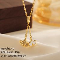 Copper 18K Gold Plated Elegant Lady Classic Style Inlay Round Sector Ginkgo Leaf Rhinestones Pendant Necklace sku image 2
