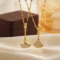 Copper 18K Gold Plated Elegant Lady Classic Style Inlay Round Sector Ginkgo Leaf Rhinestones Pendant Necklace main image 1
