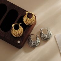 1 Pair Elegant Oval Mesh Hollow Out Copper 18K Gold Plated Hoop Earrings main image 8