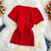 Women's Knitwear Short Sleeve Blouses Pleated Simple Style Solid Color main image 3