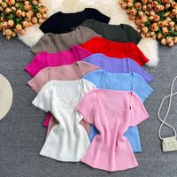 Women's Knitwear Short Sleeve Blouses Pleated Simple Style Solid Color main image 1