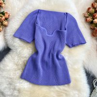 Women's Knitwear Short Sleeve Blouses Pleated Simple Style Solid Color main image 5