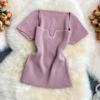 Women's Knitwear Short Sleeve Blouses Pleated Simple Style Solid Color main image 4