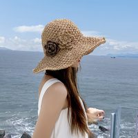 Women's Vacation Beach Simple Style Solid Color Flower Big Eaves Sun Hat Straw Hat sku image 1