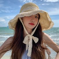 Women's Vacation Beach Sweet Bow Knot Lace Big Eaves Straw Hat sku image 2