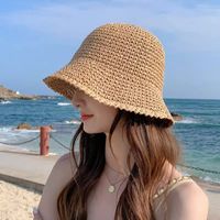 Women's Vacation Beach Solid Color Braid Big Eaves Bucket Hat Straw Hat main image 5