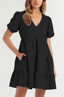 Women's Regular Dress Vacation V Neck Pleated Short Sleeve Solid Color Above Knee Holiday Daily main image 3