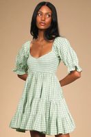 Women's Princess Dress Casual Square Neck Pleated Short Sleeve Plaid Above Knee Holiday Daily main image 3