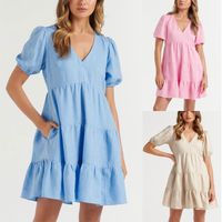 Women's Regular Dress Vacation V Neck Pleated Short Sleeve Solid Color Above Knee Holiday Daily main image 1