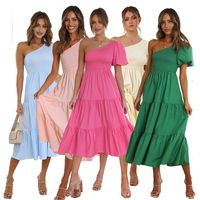 Women's Regular Dress Streetwear Oblique Collar Ruffles Short Sleeve Solid Color Maxi Long Dress Holiday Daily main image 1