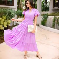 Women's Princess Dress Vacation V Neck Ruffles Short Sleeve Solid Color Maxi Long Dress Holiday Daily Beach main image 4