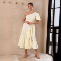 Women's Regular Dress Streetwear Oblique Collar Ruffles Short Sleeve Solid Color Maxi Long Dress Holiday Daily main image 4